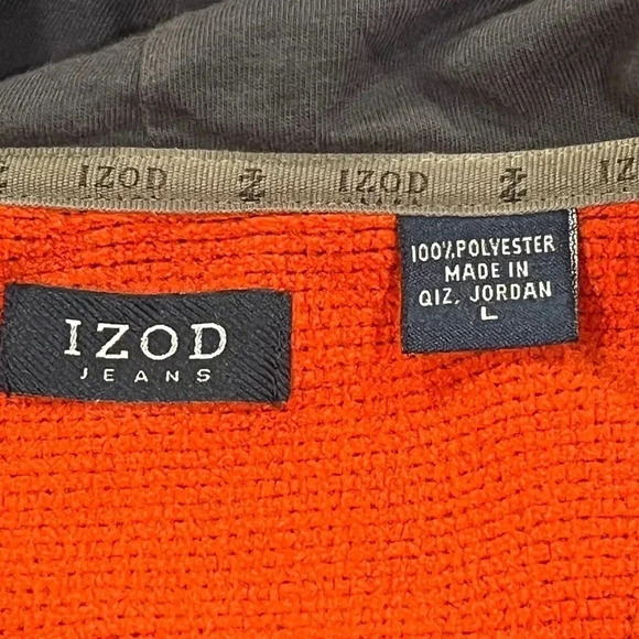 ❤️ 2/$11 Y2K Izod Jeans Waffle Knit Red Orange Fleece Hoodie Mens Large - Picture 6 of 9